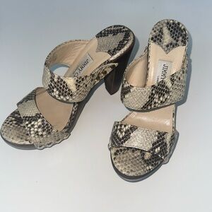JIMMY CHOO Snakeskin Wooden Mules Heels, size 36.